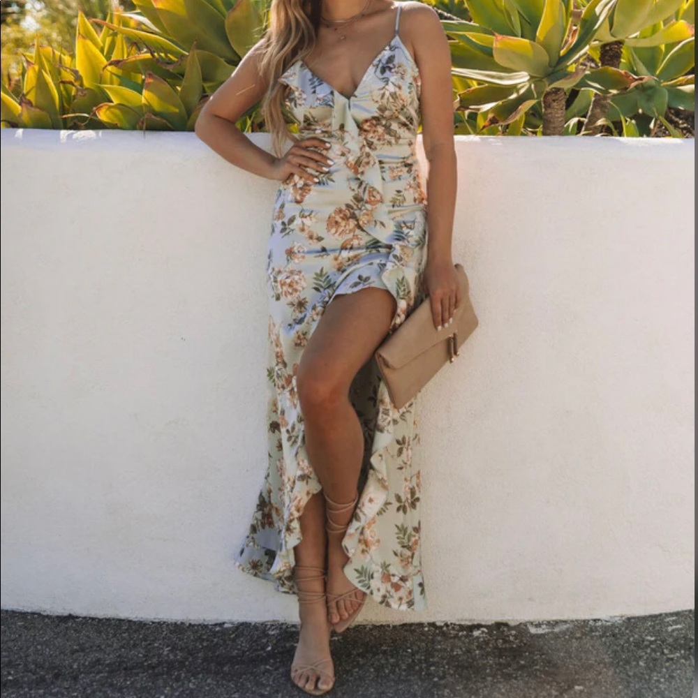 Vici- satin floral ruffle dress